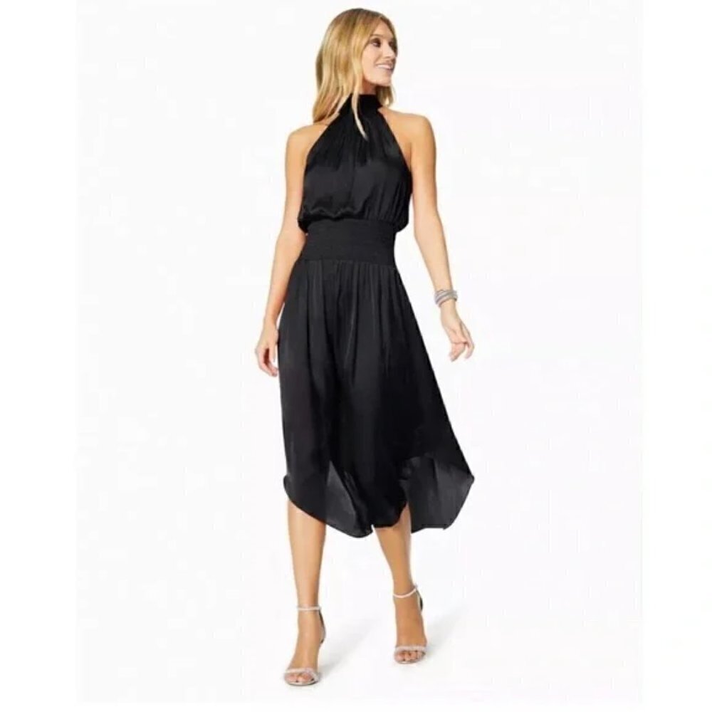 New Ramy Brook Belle Halter Neck Sleeveless Smocked Light Cognac Midi Dress Sz M - Picture 3 of 12